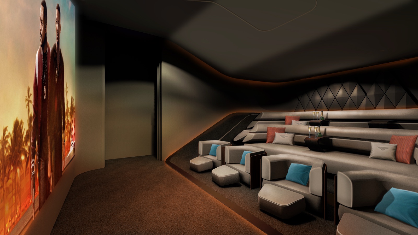 Bentley Residences Miami — 14-seat private cinema designed to mimic a Bentley car interior.