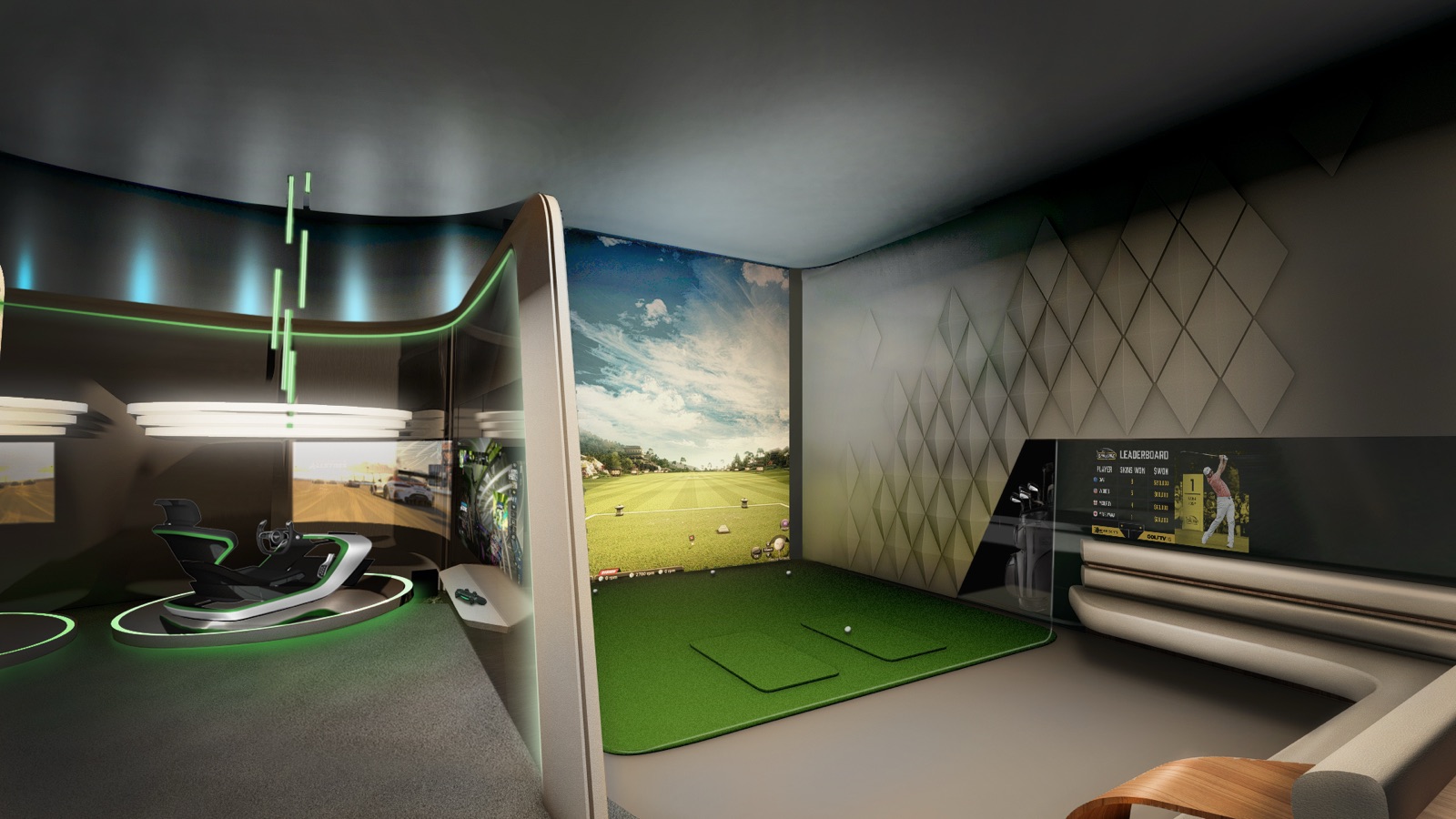 Bentley Residences Miami — Game Room with golf simulator, racing simulator, and virtual reality stations.
