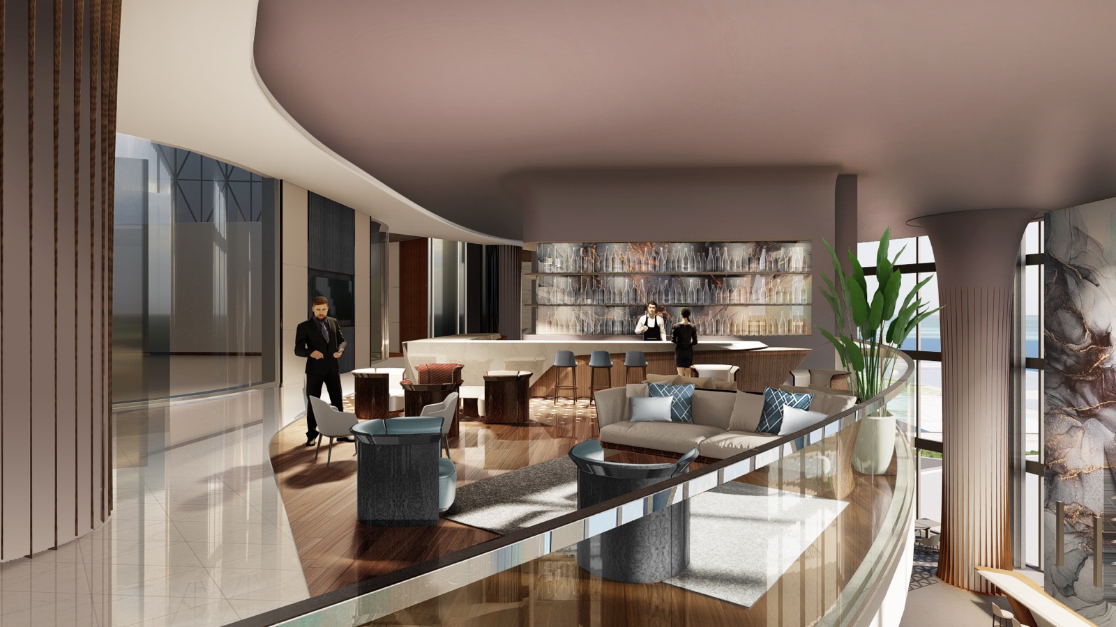 Bentley Residences Miami — mezzanine Whiskey Bar & Lounge inspired by Bentley's iconic matrix grille.
