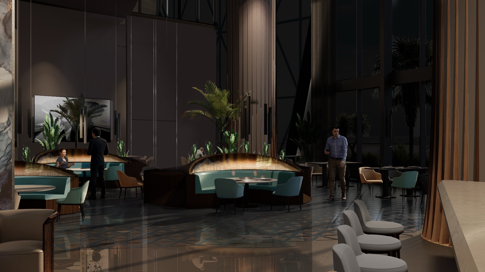 Bentley Residences Miami — Lobby Restaurant with 33-foot ocean-view glazing serving breakfast, lunch, and dinner.