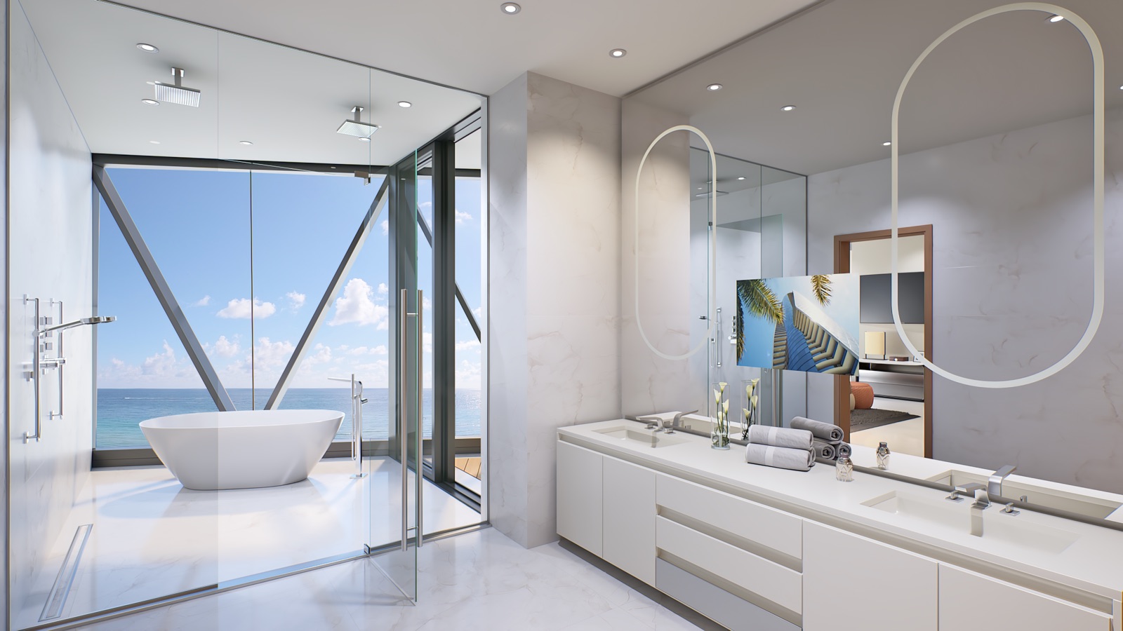 Bentley Residences Miami — Azure master bath with stone floors, freestanding tub, Toto Neorest toilet, and Bentley diamond-design fittings.