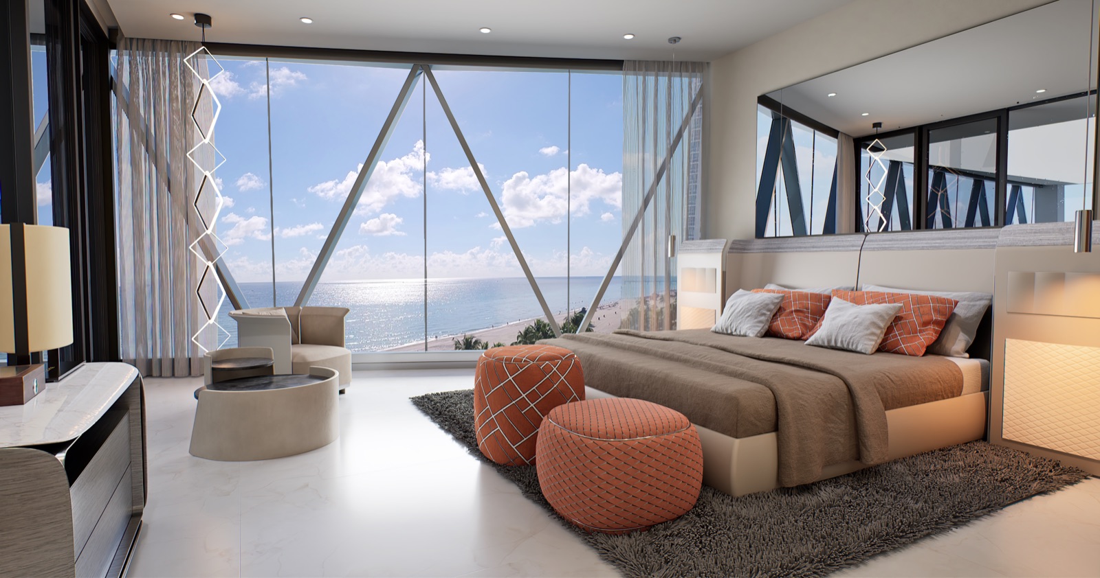 Bentley Residences Miami — Azure master bedroom with ocean view, walk-in closet, and built-in safe.