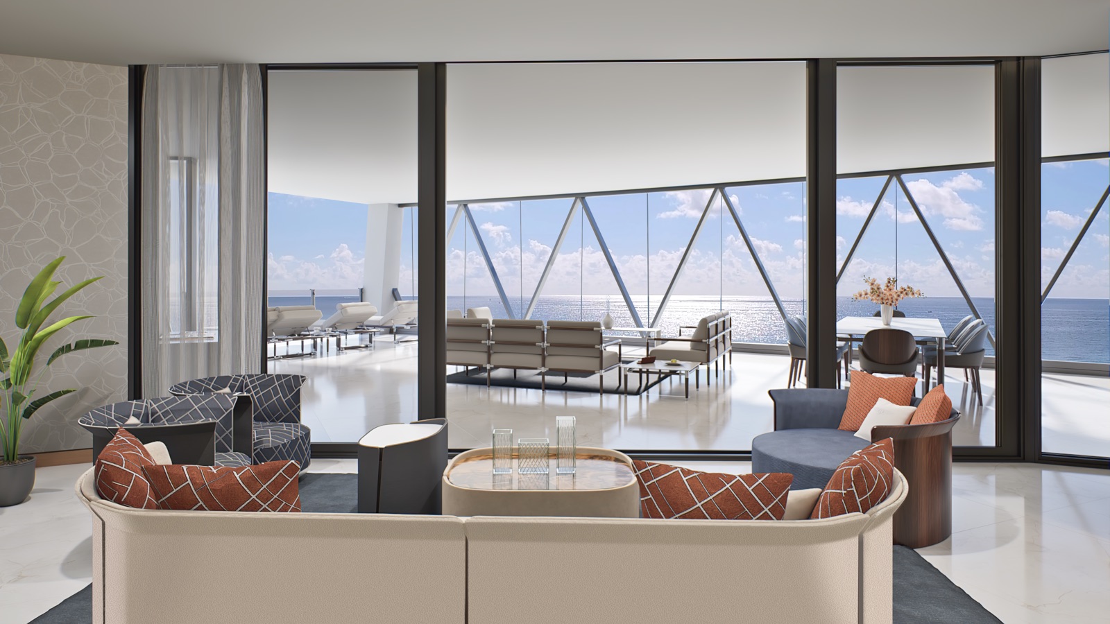 Bentley Residences Miami — Azure Residence great room and Florida Room with floor-to-ceiling Atlantic Ocean views.