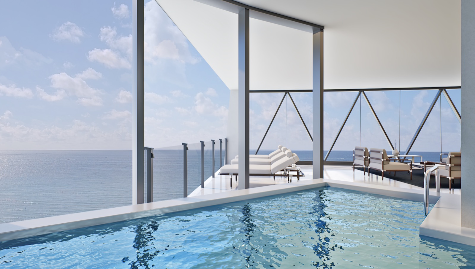 Bentley Residences Miami — Azure Residence private heated swimming pool with raised sundeck and ocean view.