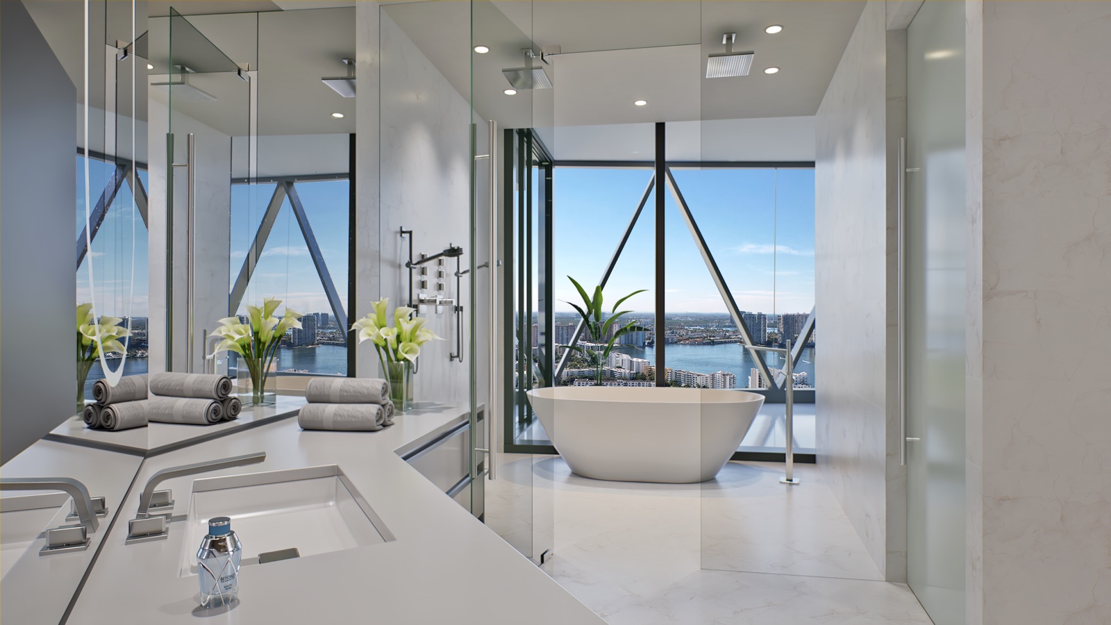 Bentley Residences Miami — Bentayga master bath in natural stone with double rain shower and heated floors.