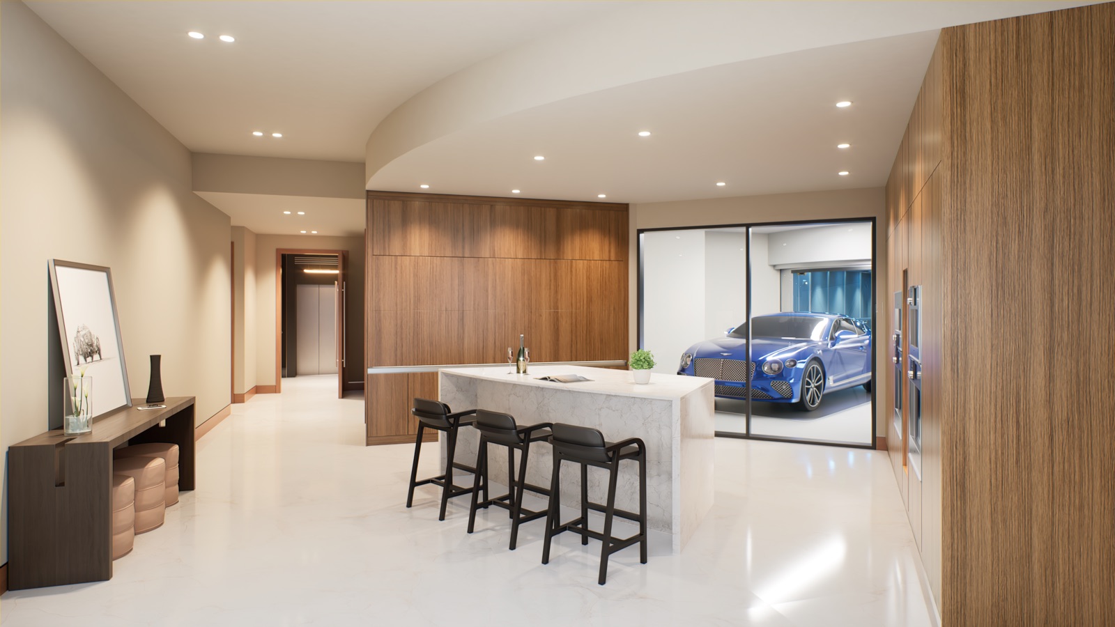 Bentley Residences Miami — Bentayga Residence kitchen with stone countertops and full Gaggenau appliance suite.