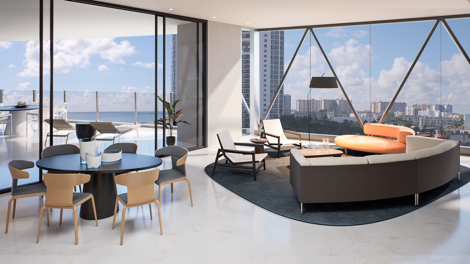 Bentley Residences Miami — Bentayga Residence great room with Intracoastal and partial ocean views.