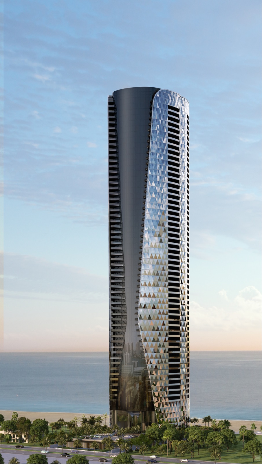 Bentley Residences Miami — a 63-story, 749-foot oceanfront tower on Sunny Isles Beach with diamond-shaped glass façade designed by Bentley Motors and Sieger Suarez Architects.