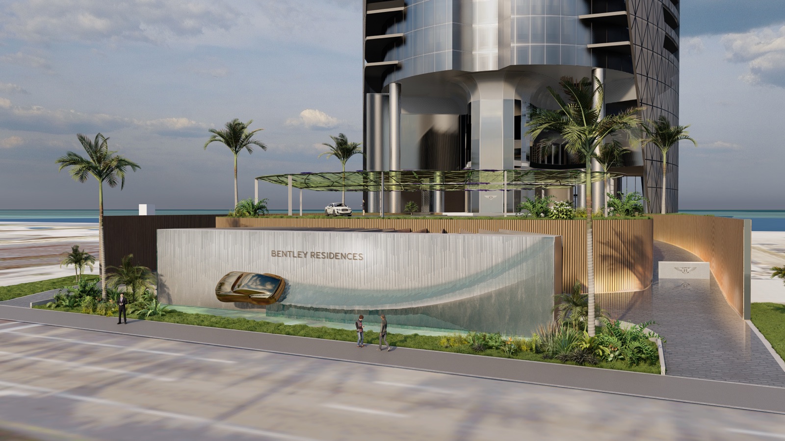 Bentley Residences Miami — porte-cochère arrival on Collins Avenue with full-glass car-lift observatory.