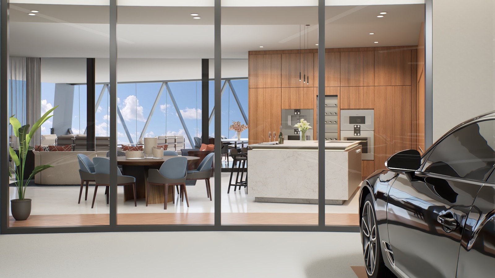 Bentley Residences Miami — private 3- or 4-car sky garage reached directly by the Dezervator™ vehicular elevator system.